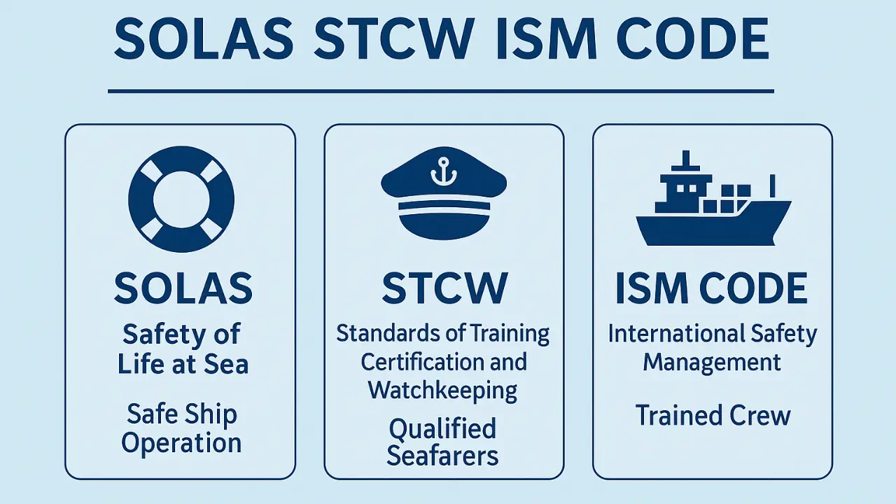 SOLAS STCW ISM Code for maritime safety and certified seafarers


