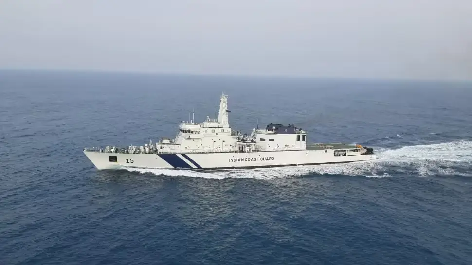 Indian Coast Guard vessel with DGS compliance banners and Directorate General of Shipping logo