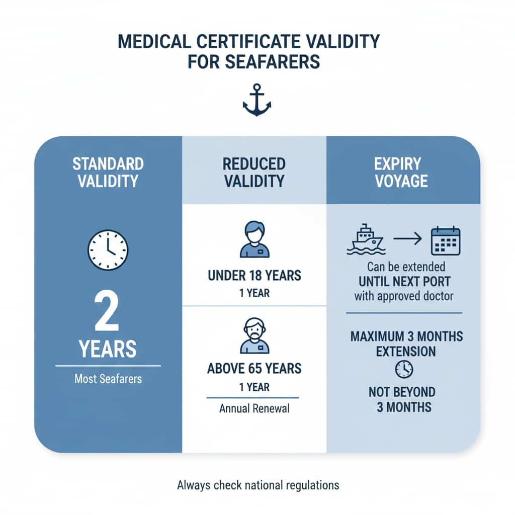 Infographic: "Medical Certificate Validity for Seafarers." "Standard Validity" (clock) is 2 years. "Reduced Validity" (under 18, over 65) is 1 year. "Expiry during Voyage" (ship, calendar) extends up to 3 months to next port with approved doctor.