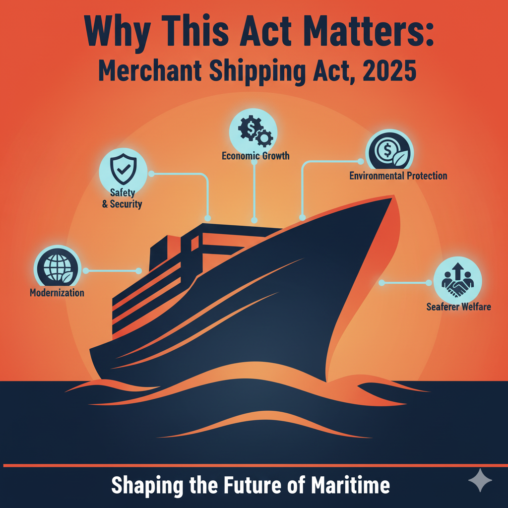 Infographic: "Why This Act Matters: Merchant Shipping Act, 2025." Highlights modernization, safety, economic growth, environmental protection, and seafarer welfare around a ship.