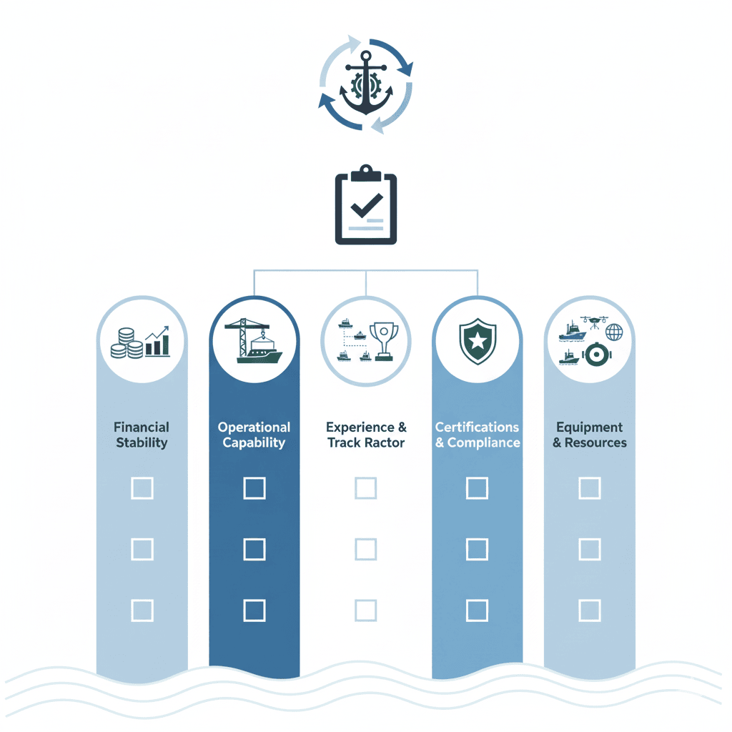 Infographic showing a checklist for evaluating salvage firms. It features icons for financial stability, operational capability, experience, certifications, and equipment.