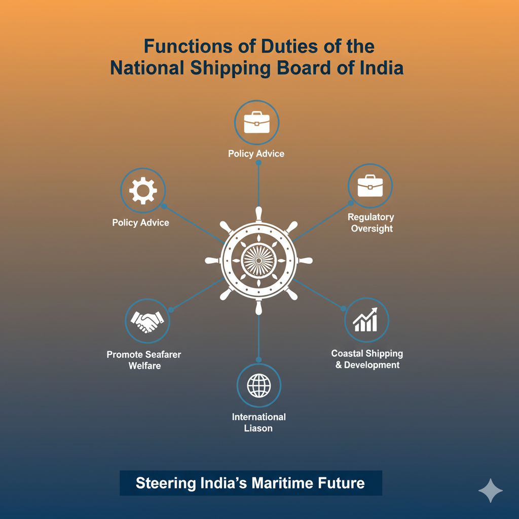 Infographic: "Functions & Duties of National Shipping Board of India." Shows a ship's wheel surrounded by icons representing policy advice, regulatory oversight, coastal shipping, international liaison, and seafarer welfare.
