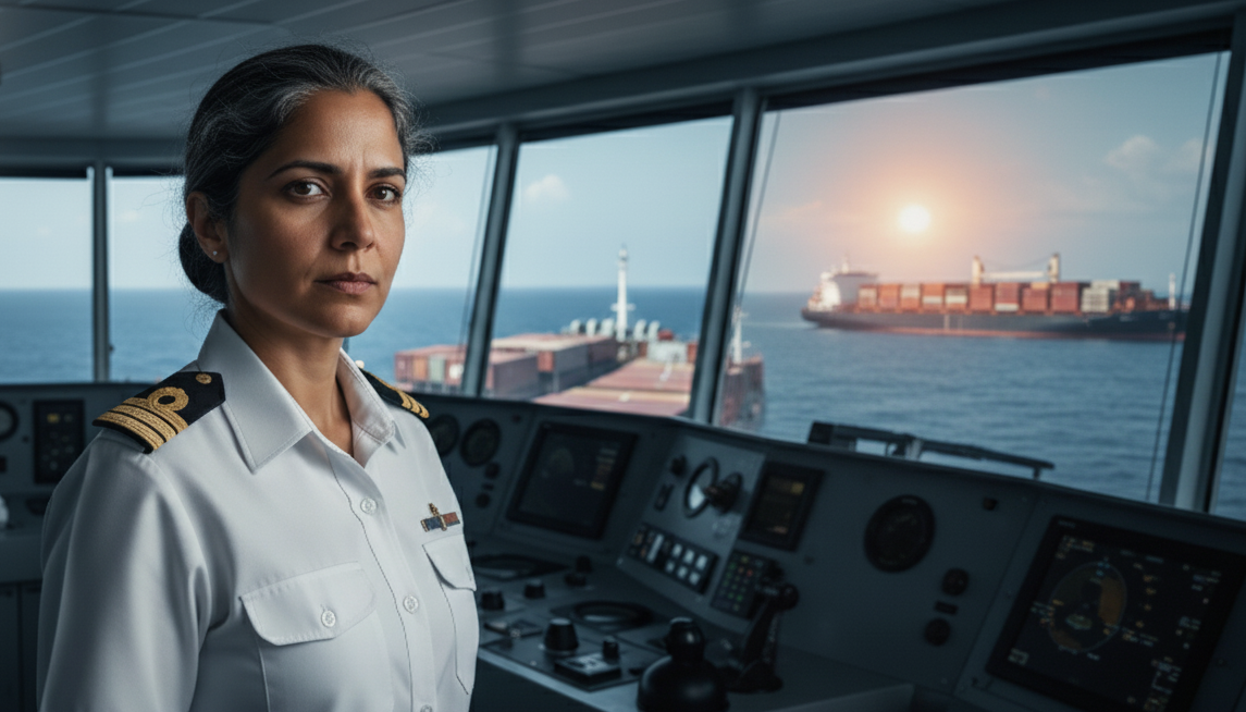 Image of a seafarer in a hard hat and uniform, standing proudly on the deck of a commercial ship at sea, MS act 2025.