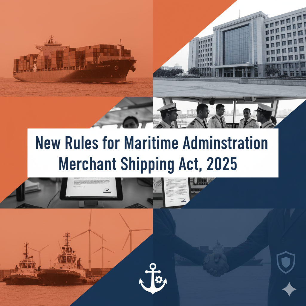 Collage image for a blog cover on the MS Act 2025 new rules for maritime administration, showing container ships and modern office buildings.