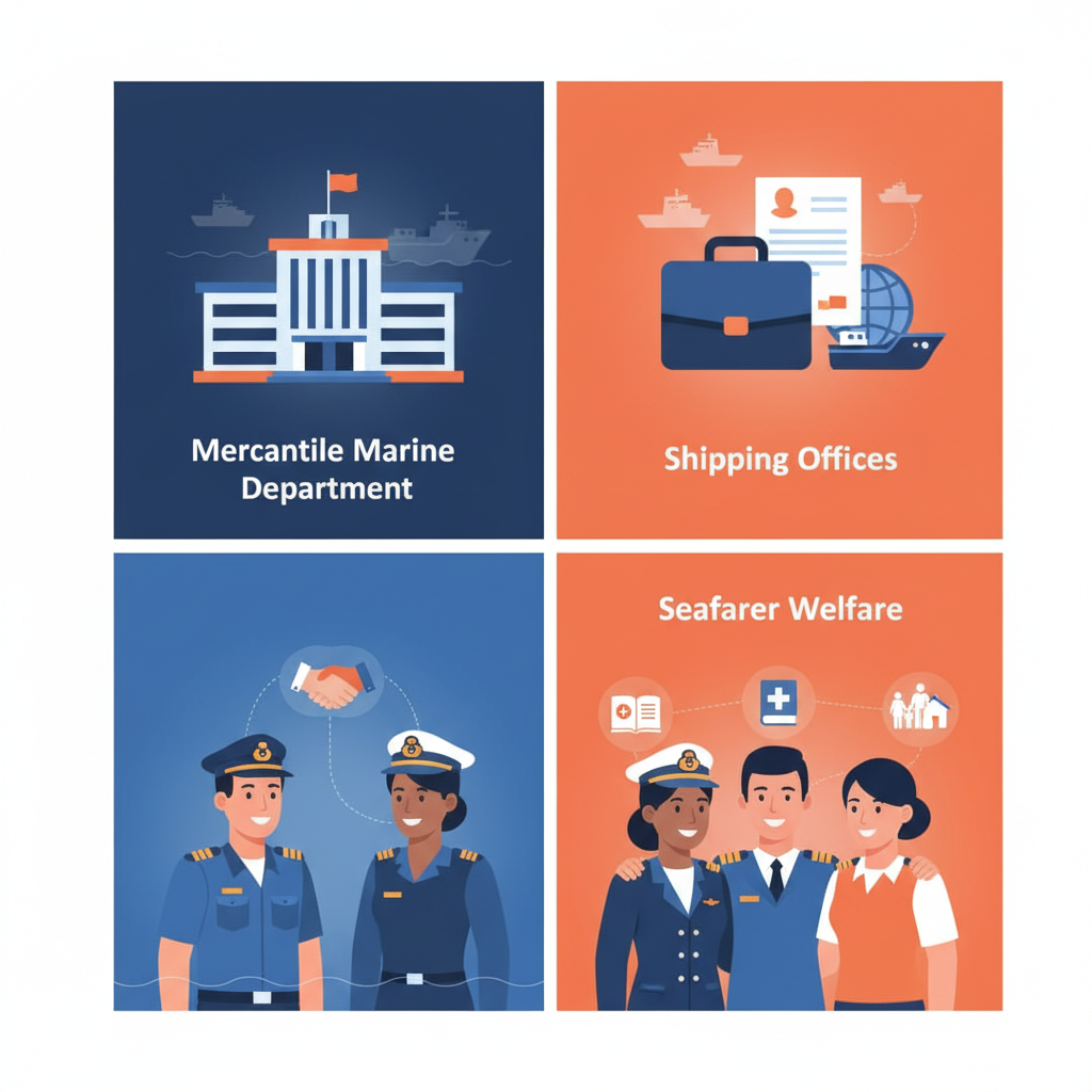 Image blending an official building façade (Mercantile Marine Department) with a silhouette of a seafarer and a medical cross, representing regulatory oversight and welfare support.