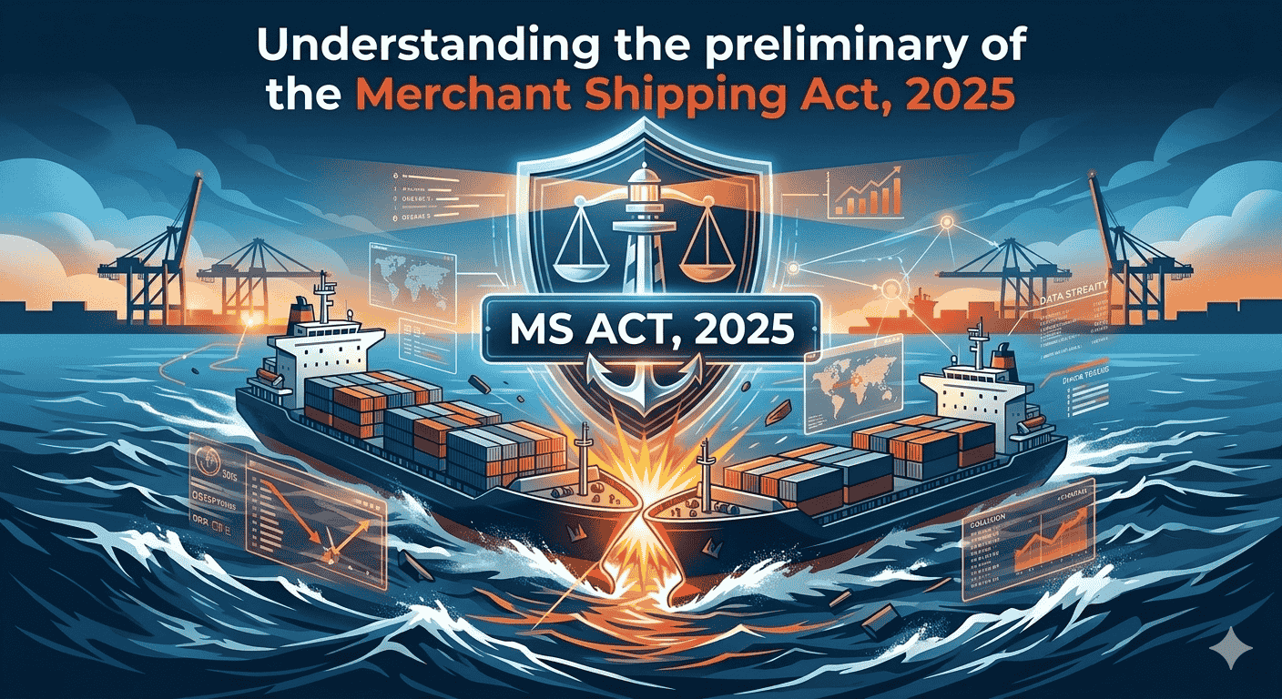 Blog cover for Understanding the Preliminary of the Merchant Shipping Act 2025, showing colliding vessels and legal scales for accidents & liability.
