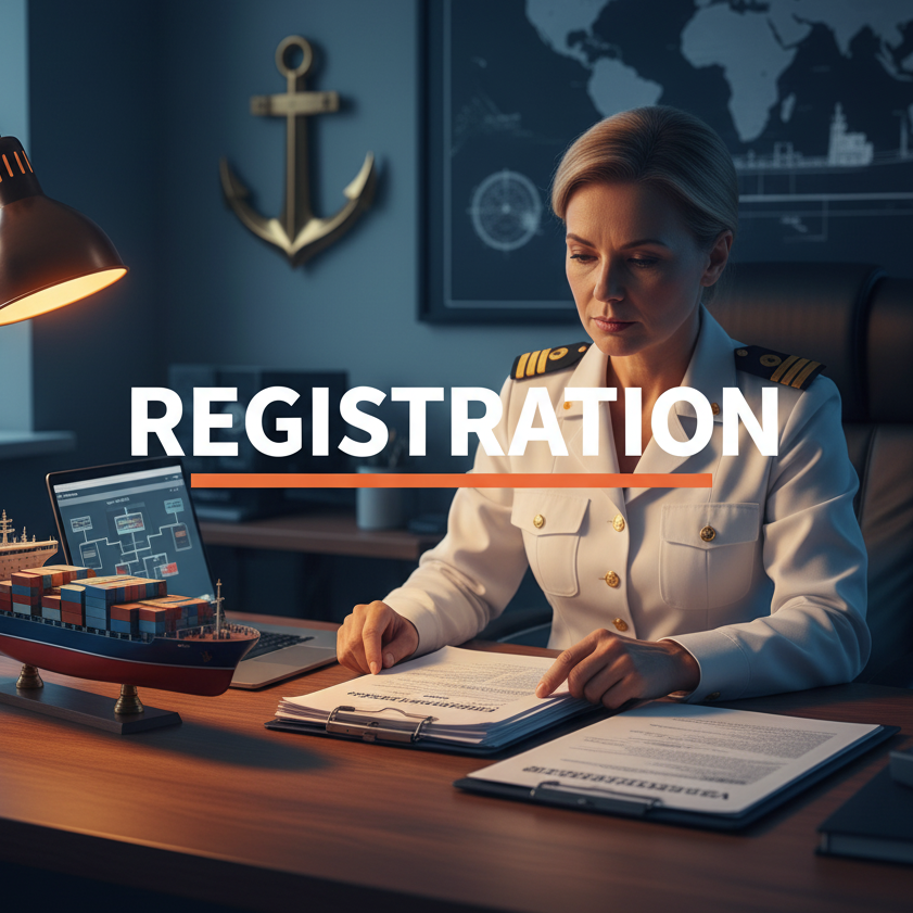 Blog cover showing a Registrar in an office reviewing ship registration documents as per MS act, 2025. 