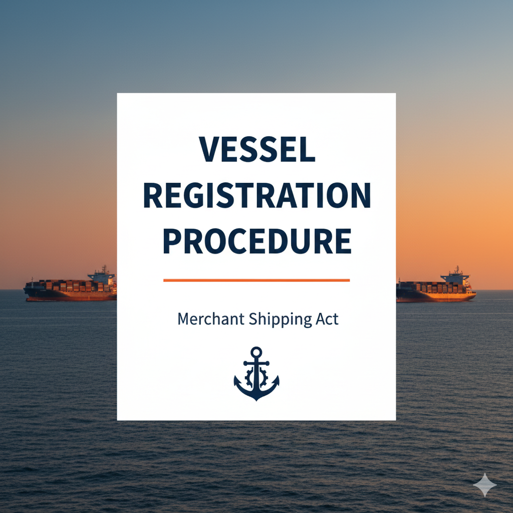 Blog cover image showing a large cargo ship at sea, an official document with a seal, illustrating the detailed procedure for vessel registration under MS act 2025.