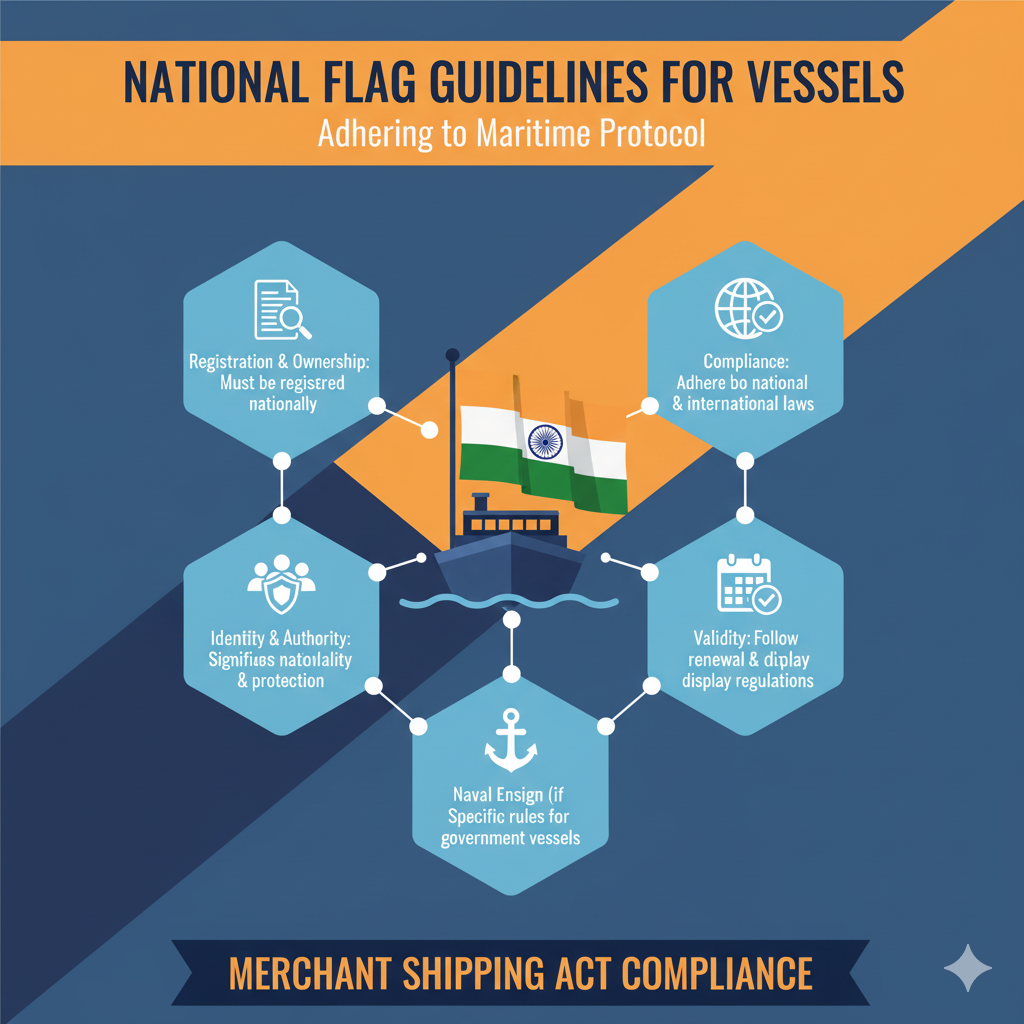 National Flag Guidelines for Vessels." A ship icon flies a prominent national flag and is surrounded by five key points - MS act 2025.