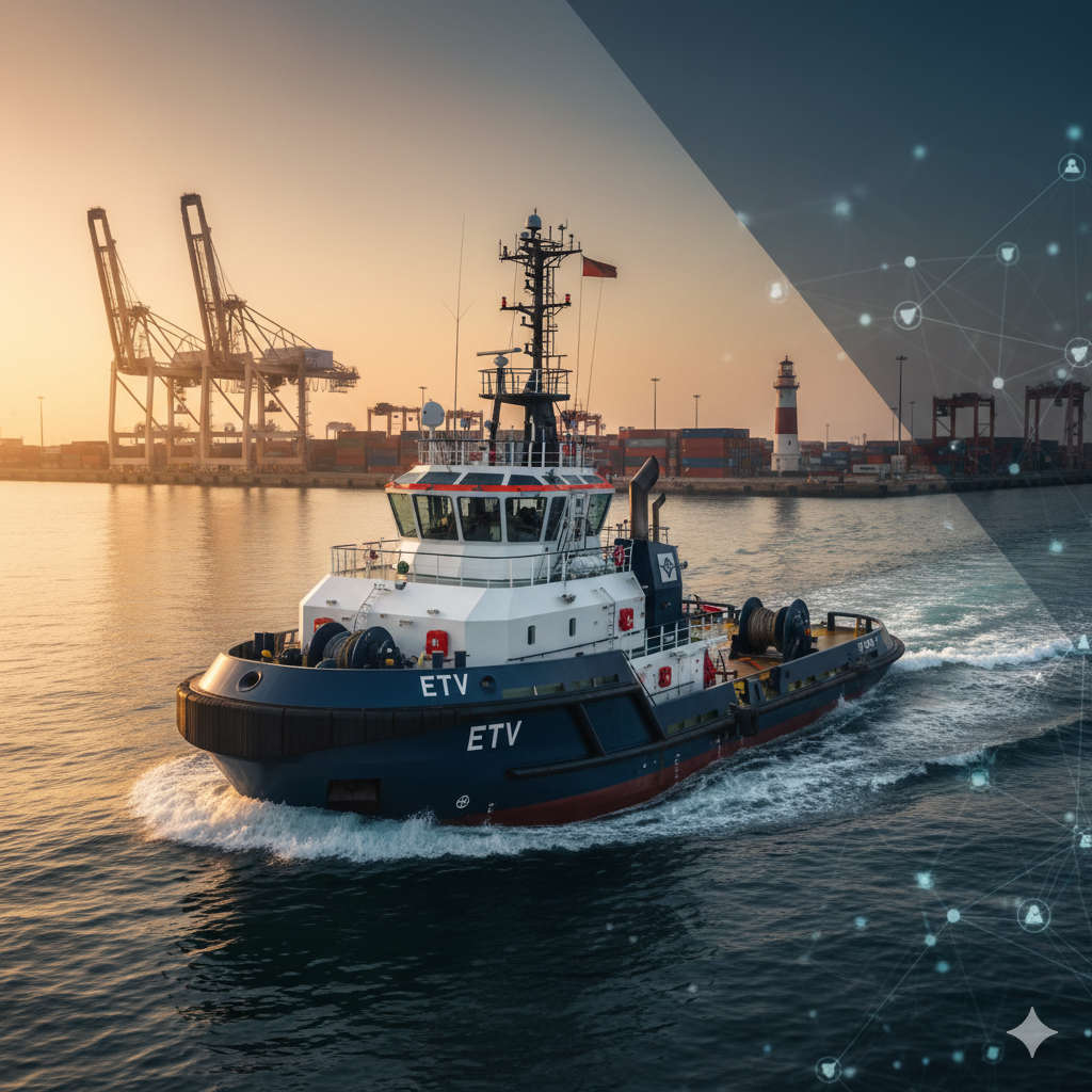 Minimalist image of a powerful, stylized tow hook and cable on a blue and orange background, signifying the readiness of ETVs.