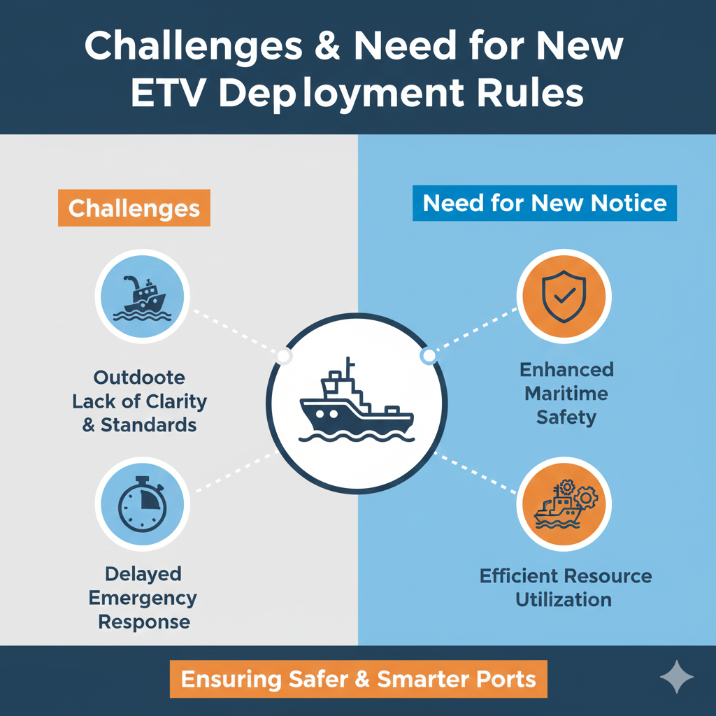 "Challenges" (ship breakdowns, pollution risk) and "Need" (faster response, clear roles, international compliance) for ETVs deployment rules.