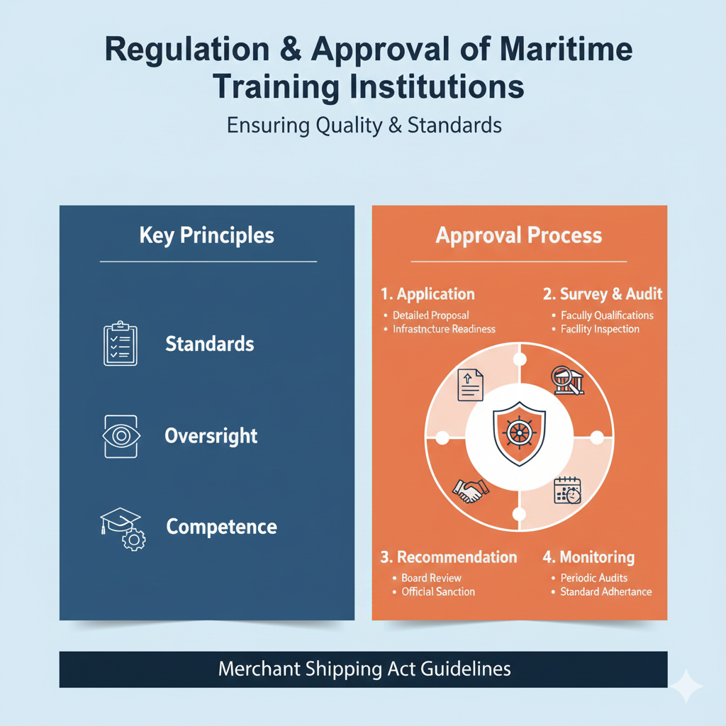 nfographic outlining the four-step process for regulating and approving maritime education training institutions, featuring icons for application, surveys, approval, & oversight