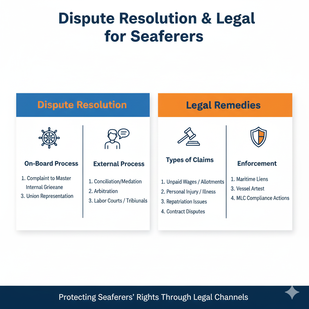 "Dispute Regulation and Legal Remedies for Seafarers." A modern flowchart design in blue and orange outlining the legal procedures for conflict resolution under the MS Act 2025, from initial complaint filing to formal arbitration and judicial remedies.