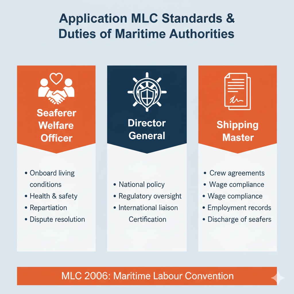 "Application of MLC Standards & Duties of Maritime Authorities." Shows the roles of three officials in enforcing MLC. under rights and rules for seafarers section.