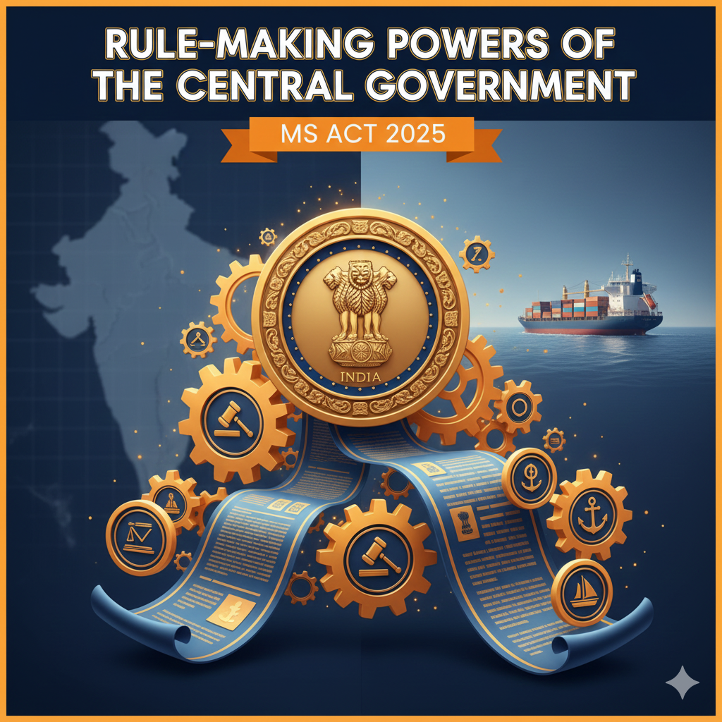 Blue & orange visual of the Central Government exercising rule-making powers for maritime safety, welfare, desertion and discipline under MS Act 2025.