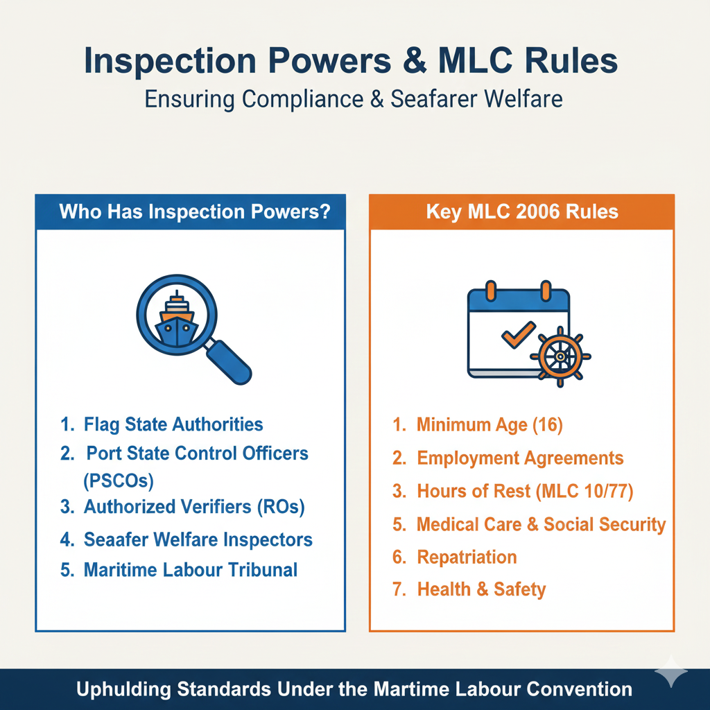 "Inspection Powers & MLC Standards." A blue and orange layout identifying the Director General of Shipping and authorized surveyors as key inspection authorities.