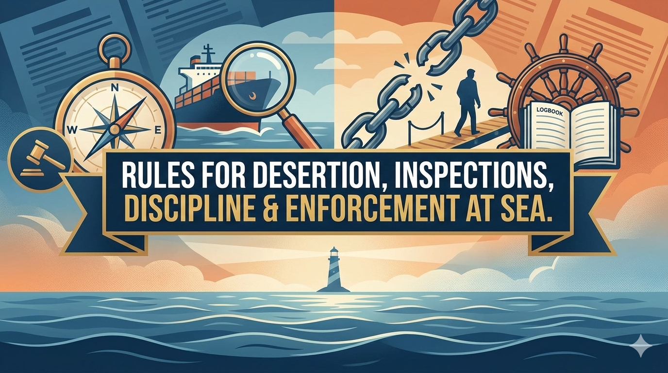 Blue & orange blog cover for MS Act 2025 rules on Desertion & discipline, enforcement, and inspections at sea with maritime icons.