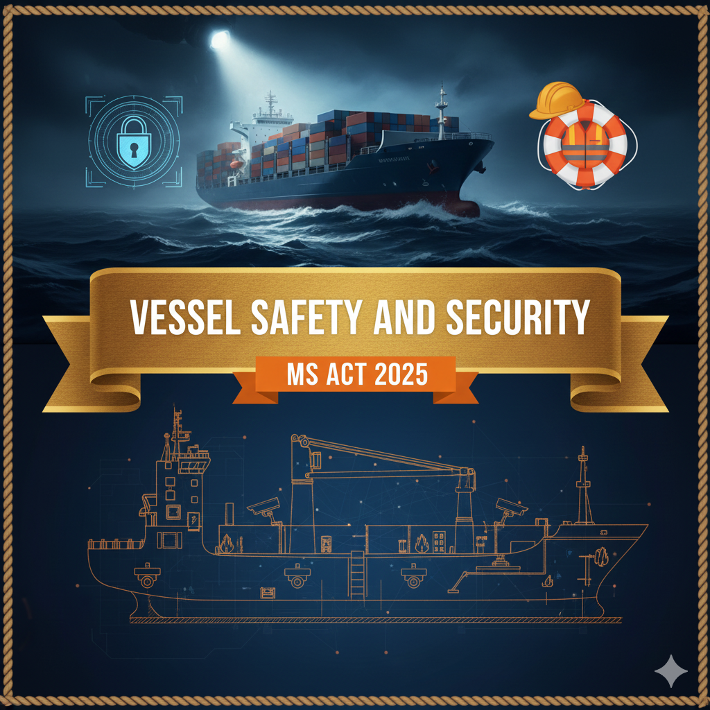 Bold blue and orange blog cover for MS Act 2025 focusing on Vessel Safety and Security with modern maritime ship and shield icons.