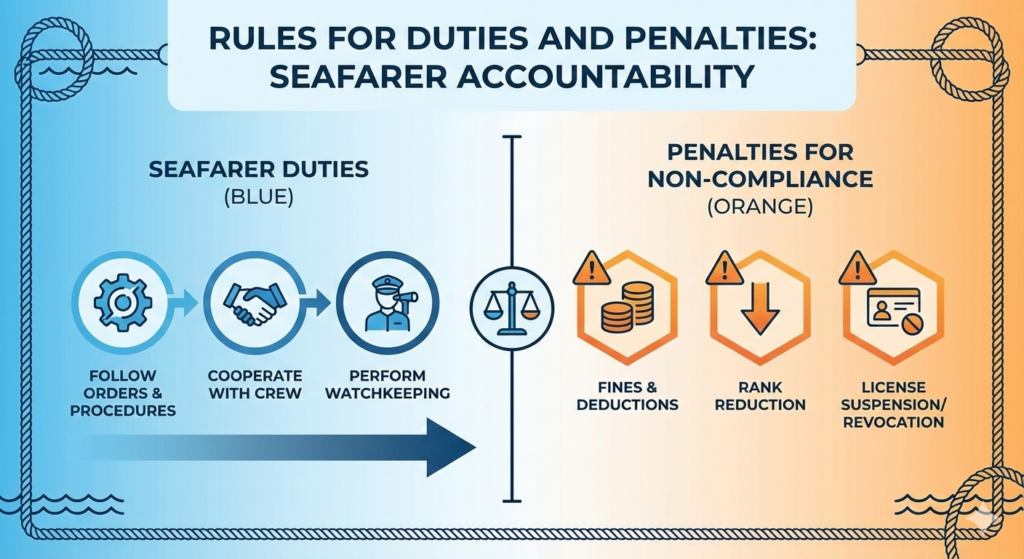 Infographic: "Duties & Penalties, Desertion and discipline under MS Act 2025." A balanced dual-panel design in blue and orange.