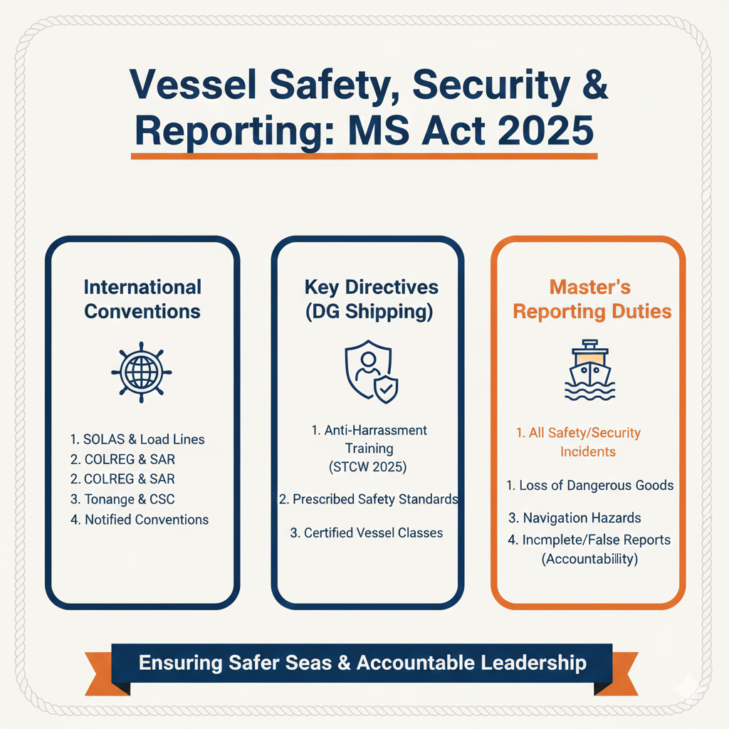 Infographic: "Safety and security & Reporting." A blue and orange layout listing key maritime conventions and mandatory reporting duties for masters.