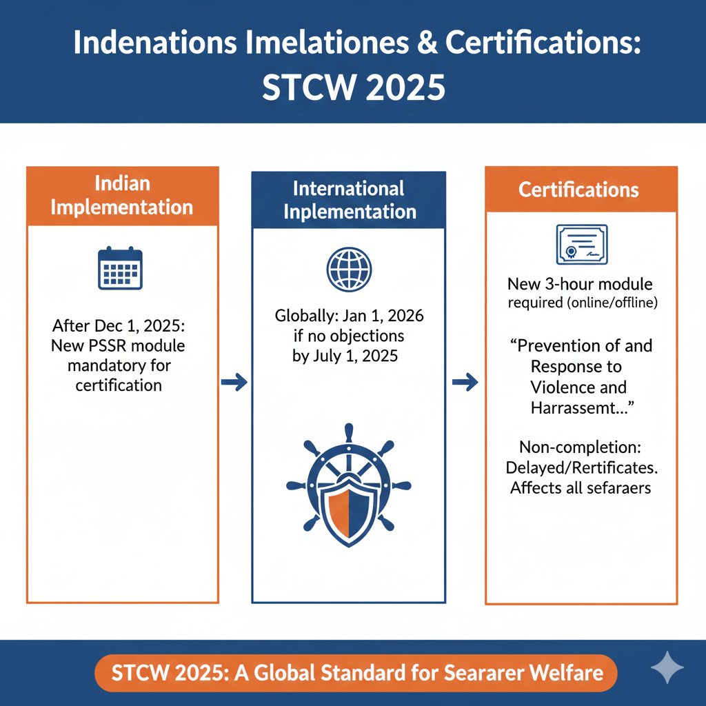 Infographic on STCW 2025 Implementation Dates & Certification rules. Key dates (Dec 2025 India, Jan 2026 Global) and certification requirements are highlighted.