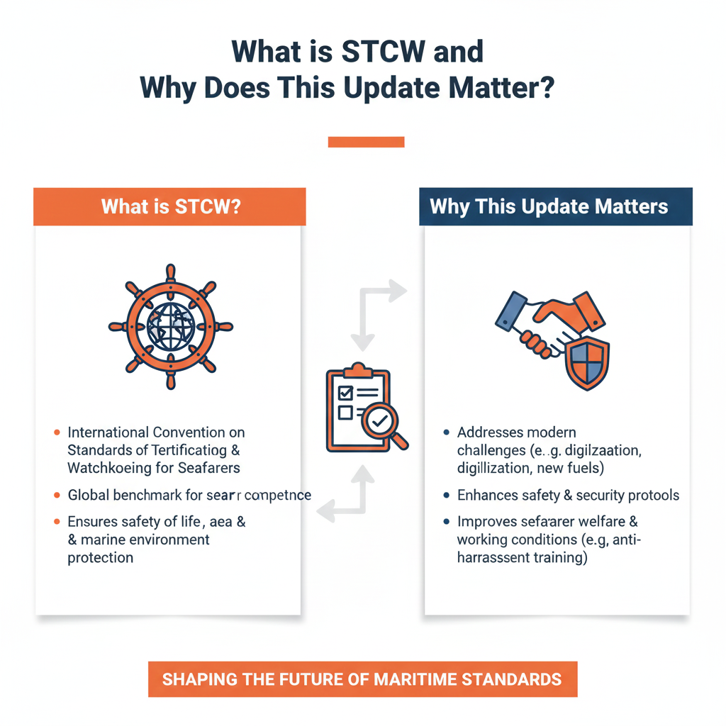Infographic: "What is STCW and Why Does This Update Matter?" Explaining the international convention and the importance of its 2025 update for mandatory harassment prevention training.
