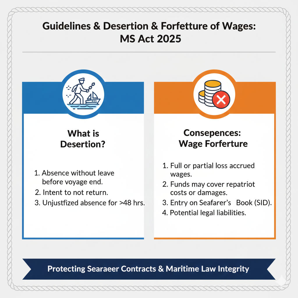 Infographic: "Desertion & Forfeiture of Wages." A circular/segmented layout in blue and orange explaining the legal consequences of deserting a ship.