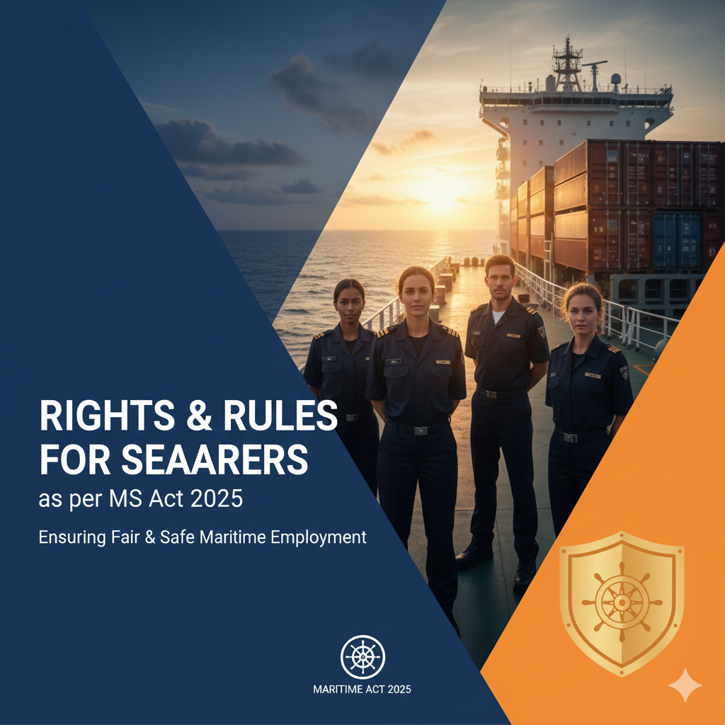 Blog cover representing seafarer rights & rules under MS Act 2025. Features a seafarer standing confidently, backed by a large compass and legal documents.