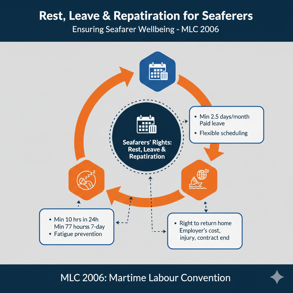 Infographic outlining rules for seafarer rest hours, mandatory leave periods, and the right to efficient repatriation after contract completion.