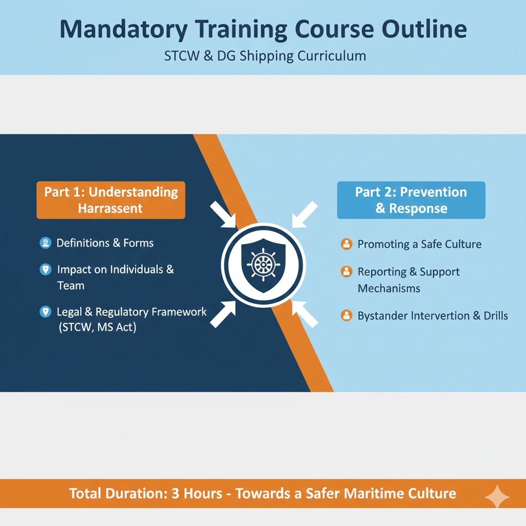 Infographic: "Course Outline for Mandatory Harassment Prevention Training." Shows a 3-hour curriculum divided into two 1.5-hour parts (Part 1 and Part 2) focused on training seafarers.