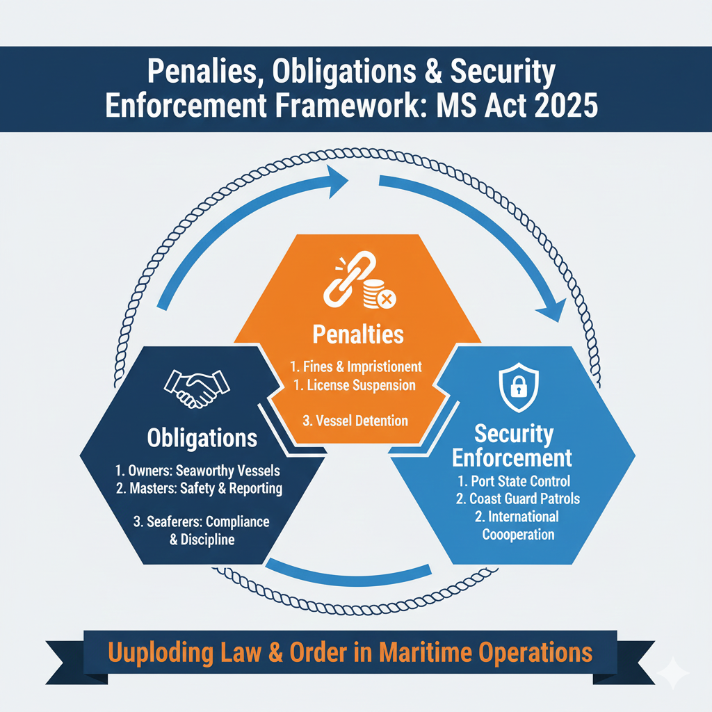 Infographic: "Vessel Readiness & Certification." A blue and orange layout detailing pre-voyage checklists, mandatory class certificates, and operational safety audits as per safety and security for maritime.