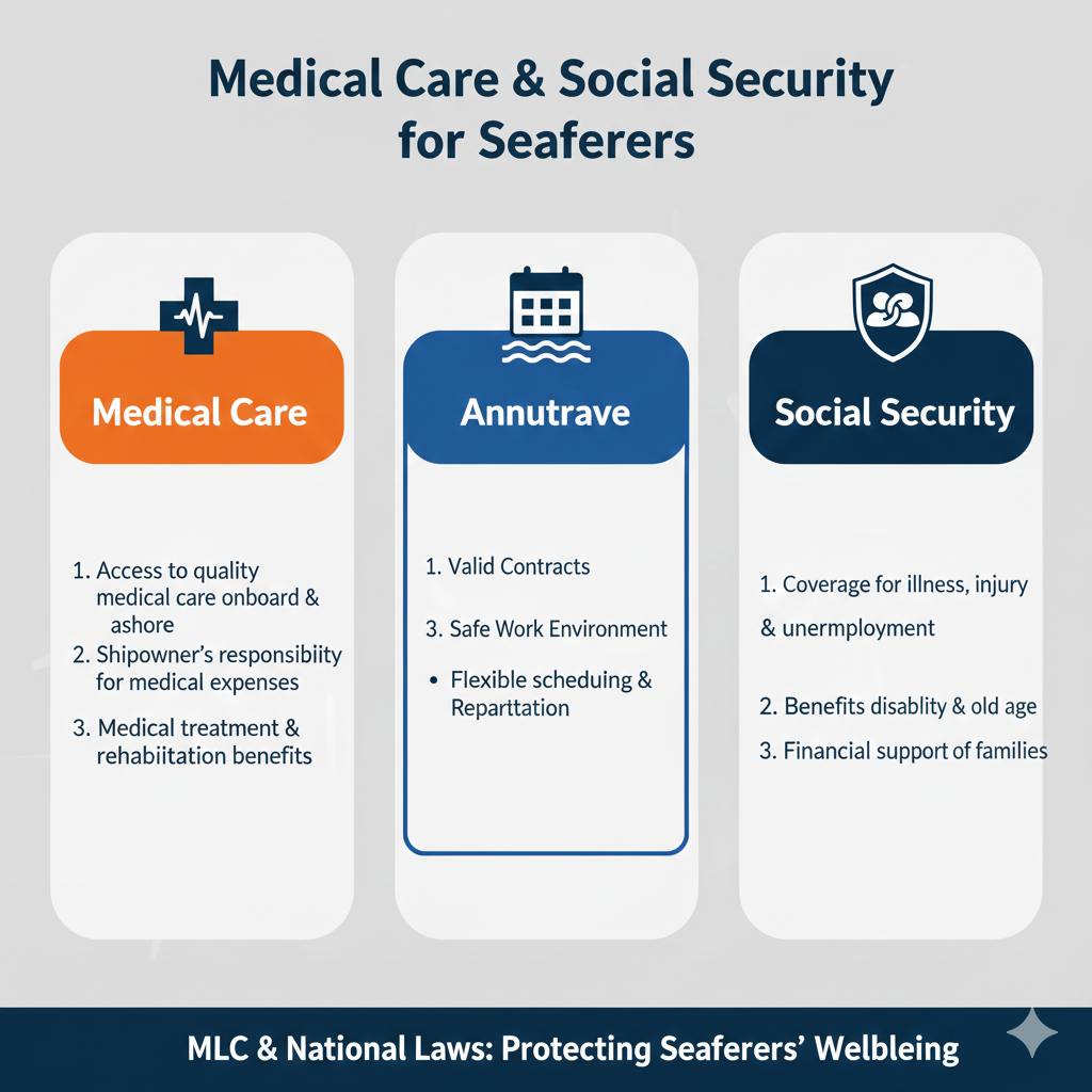 Medical Care and Social Security for Seafarer welfare." A professional layout in blue and orange detailing rights to on-board medical treatment, access to shore-based healthcare, and social security protections.