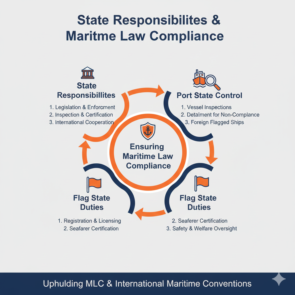 "State Responsibilities & Maritime Law Compliance." A structured layout in blue and orange illustrating the duties of government authorities to enforce maritime regulations, monitor vessel standards, and ensure legal compliance for seafarer protection.