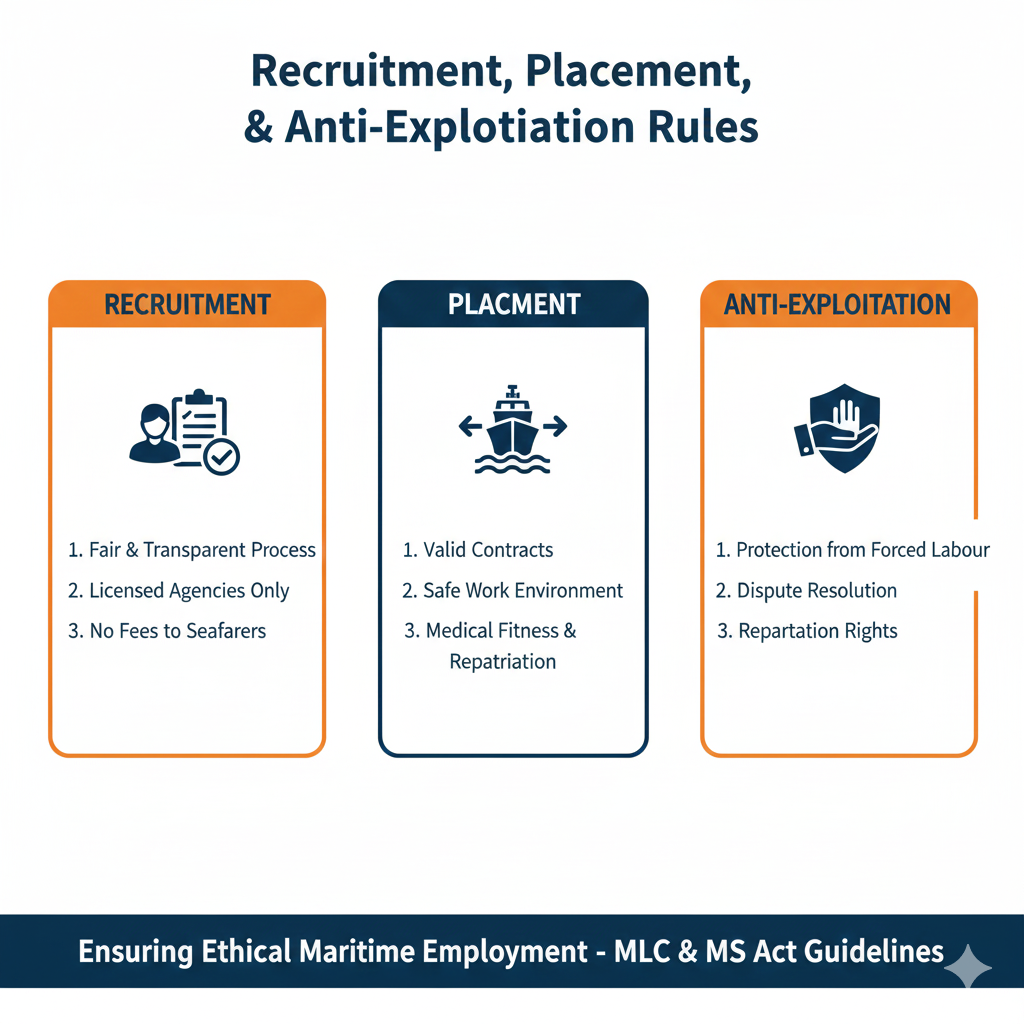 "Recruitment, Placement, and Anti-Exploitation Rules." Visual summary of seafarer rights and rules regarding ethical hiring and protection against exploitation.