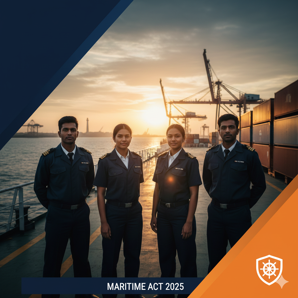 Abstract maritime image in blue and orange, featuring a stylized anchor and interlocking gears, used to visually separate, Rights and rules of seafarers.