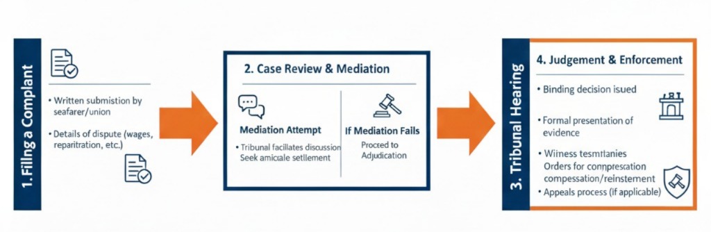 The Maritime Tribunal Process." A clean, step-by-step layout in blue and orange detailing the stages of a tribunal case: filing an application, the preliminary hearing, evidence submission, and the final binding order for dispute resolution under the MS Act 2025.