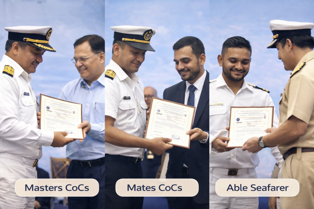 Seafarers of different ranks receiving Certificates of Competency, illustrating certification and career progression under STCW certification standards.