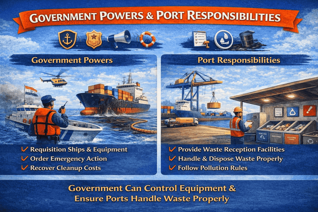 Horizontal infographic titled “Government Powers & Port Responsibilities” showing government authority to requisition ships, order emergency action, and recover cleanup costs, alongside port duties to provide waste facilities and follow pollution rules.