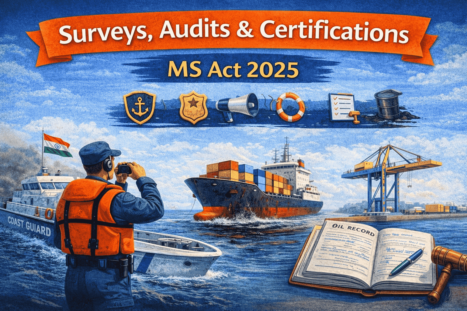 Blog cover titled “ Audits, Surveys & Certifications - MS Act 2025” showing a coast guard officer inspecting a cargo ship at port, with maritime symbols and documents representing surveys & certifications against a blue and orange background.