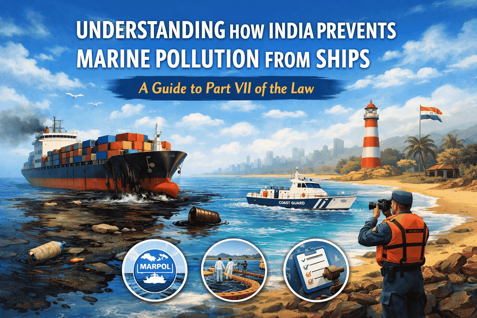 Illustration of a cargo ship causing oil spill near India’s coast with a Coast Guard boat responding, highlighting marine pollution prevention efforts.