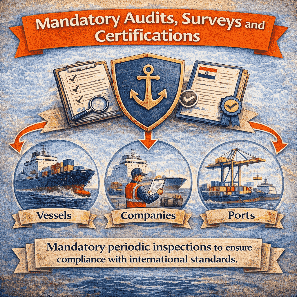 Square infographic titled “Mandatory Audits, Surveys and Certifications” showing icons for vessels, companies, and ports with compliance documents and a central anchor shield symbol.
