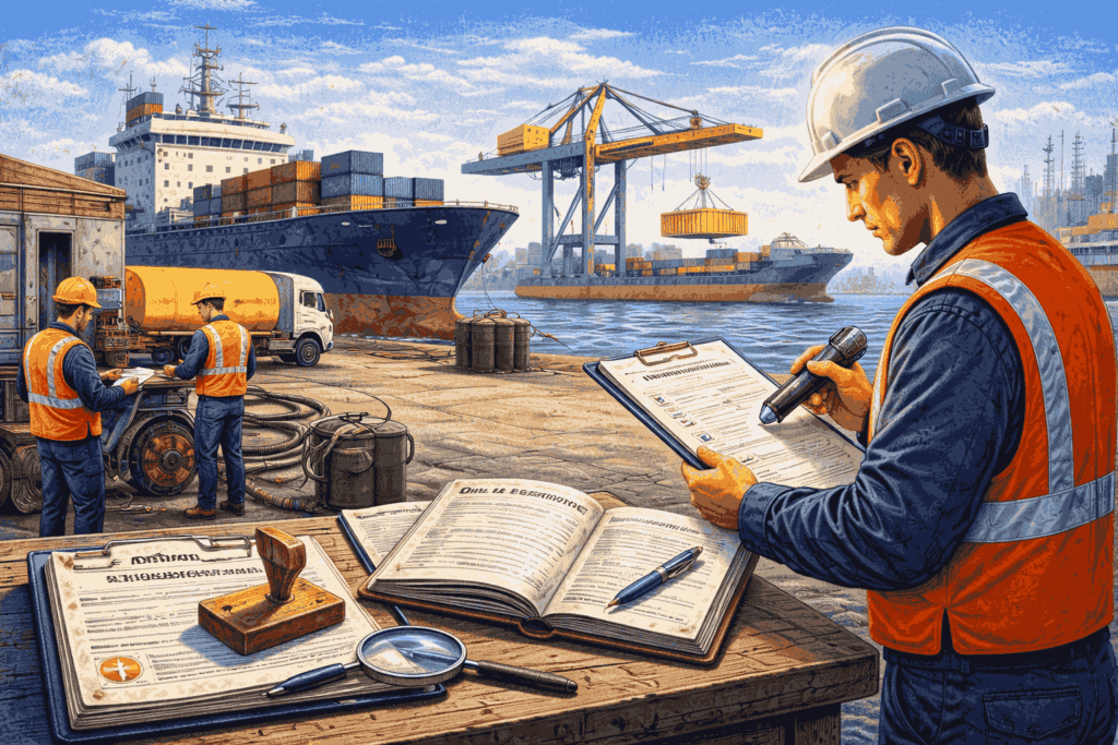 Marine surveyor inspecting documents at a busy port with cargo ships and cranes in the background.
