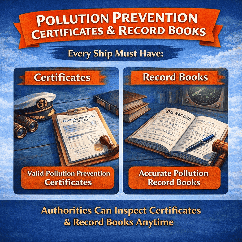 Square infographic titled “Pollution Prevention Certificates & Record Books” showing requirement for valid certificates and official record books onboard, with note that vessels without certificates can be detained.