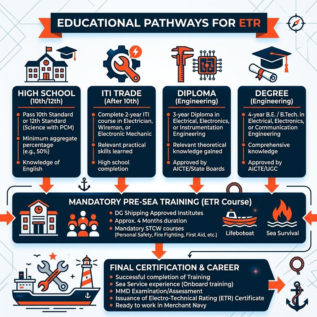 Four distinct educational and sea service eligibility paths for Electro-Technical Rating CoP certification in India