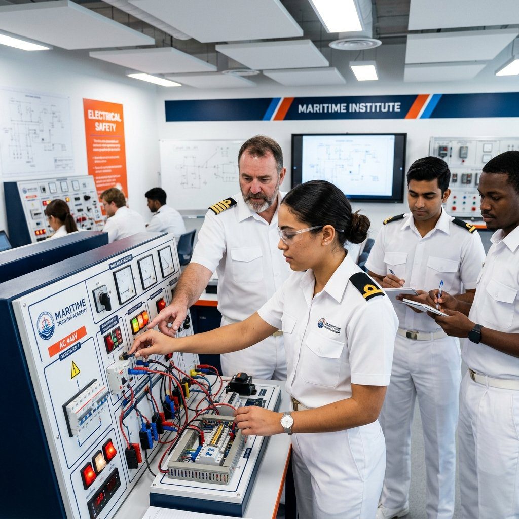 Seafarer students including a woman performing practical electrical system wiring exercises during a maritime training course