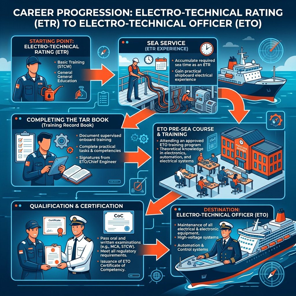 Flowchart showing career progression pathways from Electro-Technical Rating CoP to Electro-Technical Officer certification