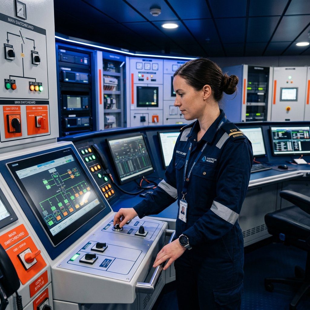 A female electro-technical rating officer analyzing the power distribution panel on a modern green energy merchant ship