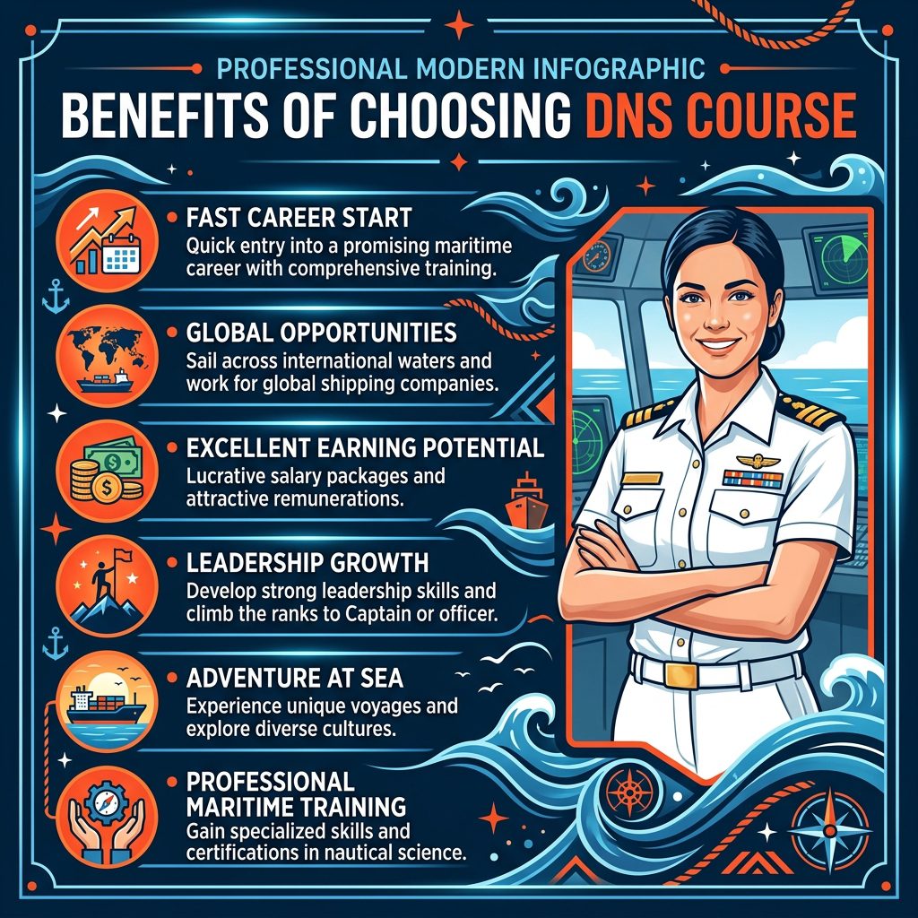 Benefits of Merchant Navy DNS Course infographic showing fast entry, global opportunities, and high earning potential