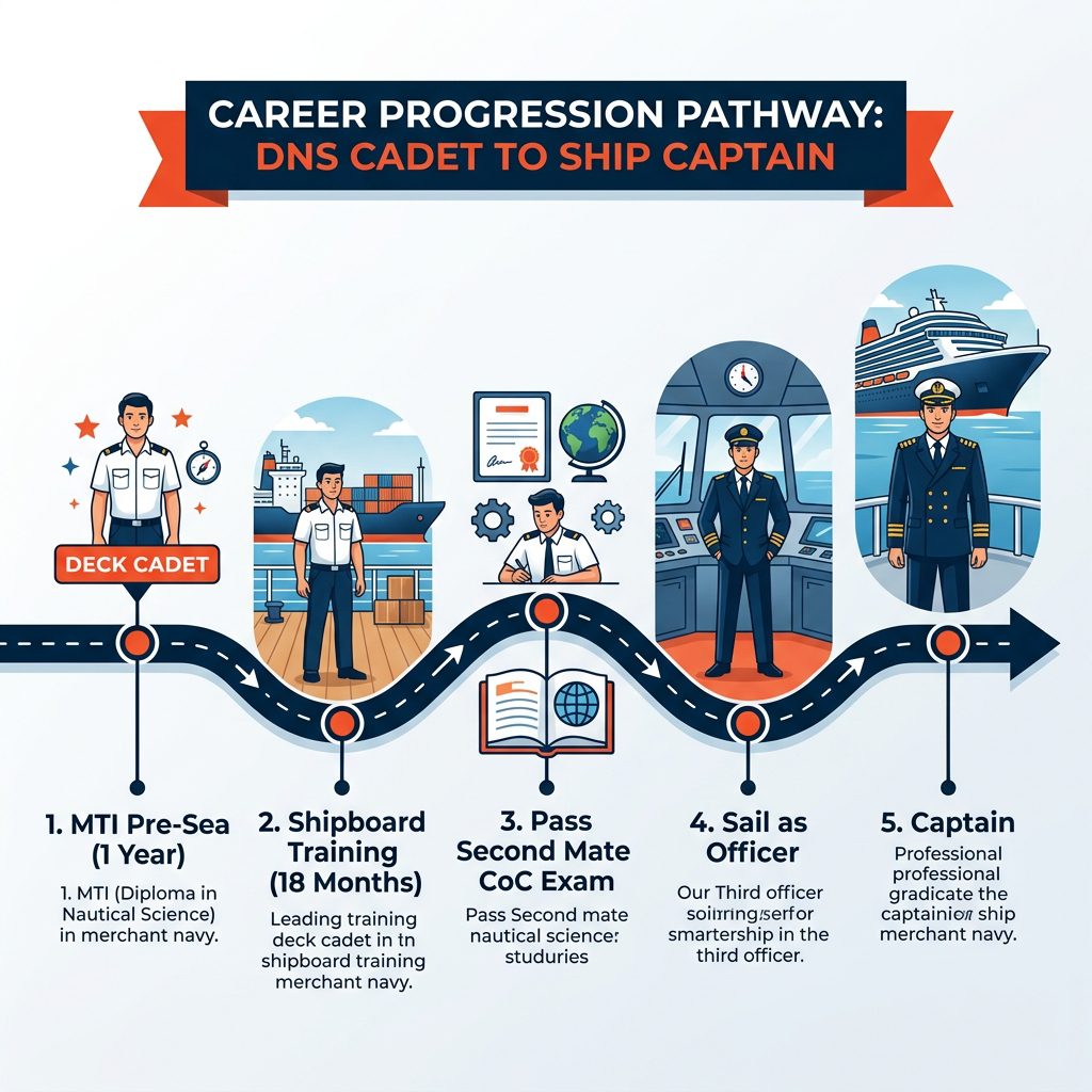 Career Progression After Merchant Navy DNS Course timeline mapping Deck Cadet, Third, Second, and Chief Officer, to Captain