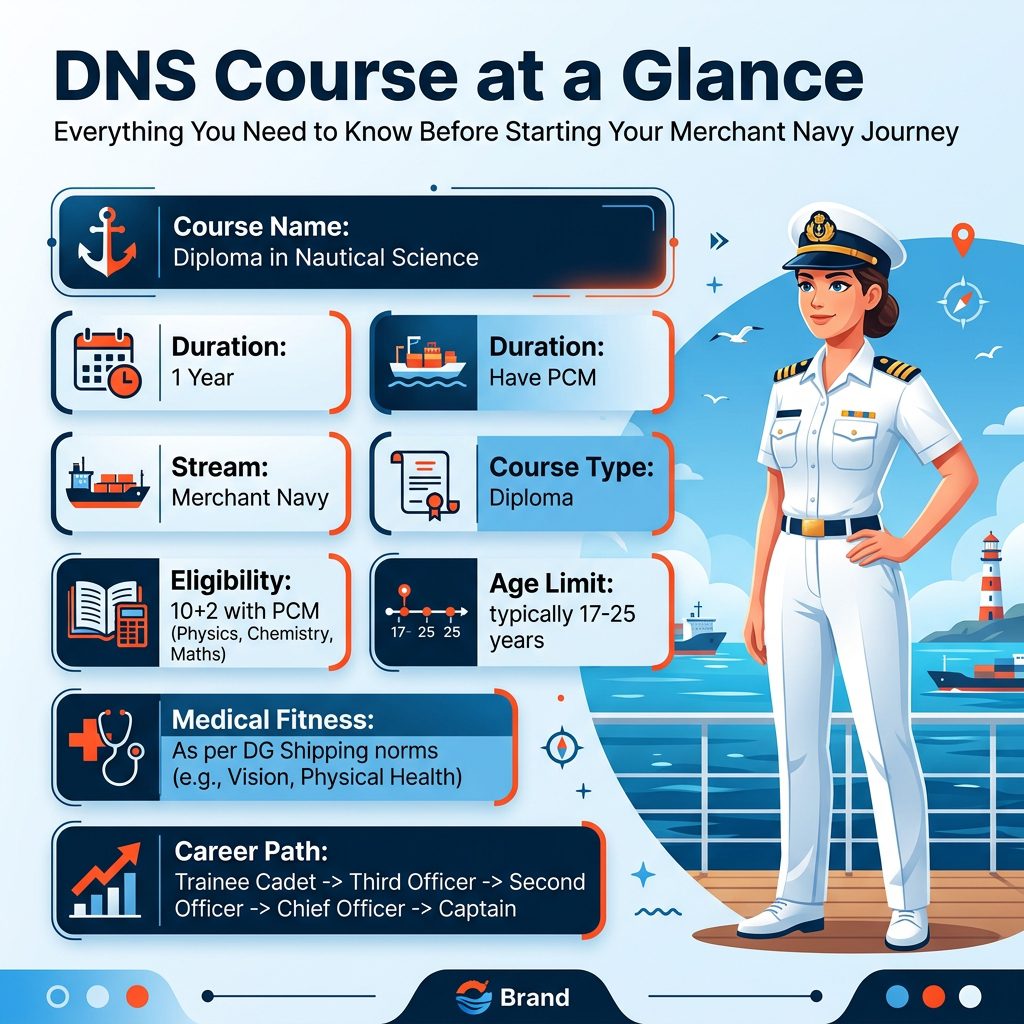 Merchant Navy DNS Course at a Glance infographic summarizing eligibility, age limit, medical fitness, and career path